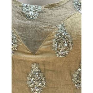 Gorgeous HandmadeLight Gold Silk Short Sleeve Dress Embroidery Sequin Size S